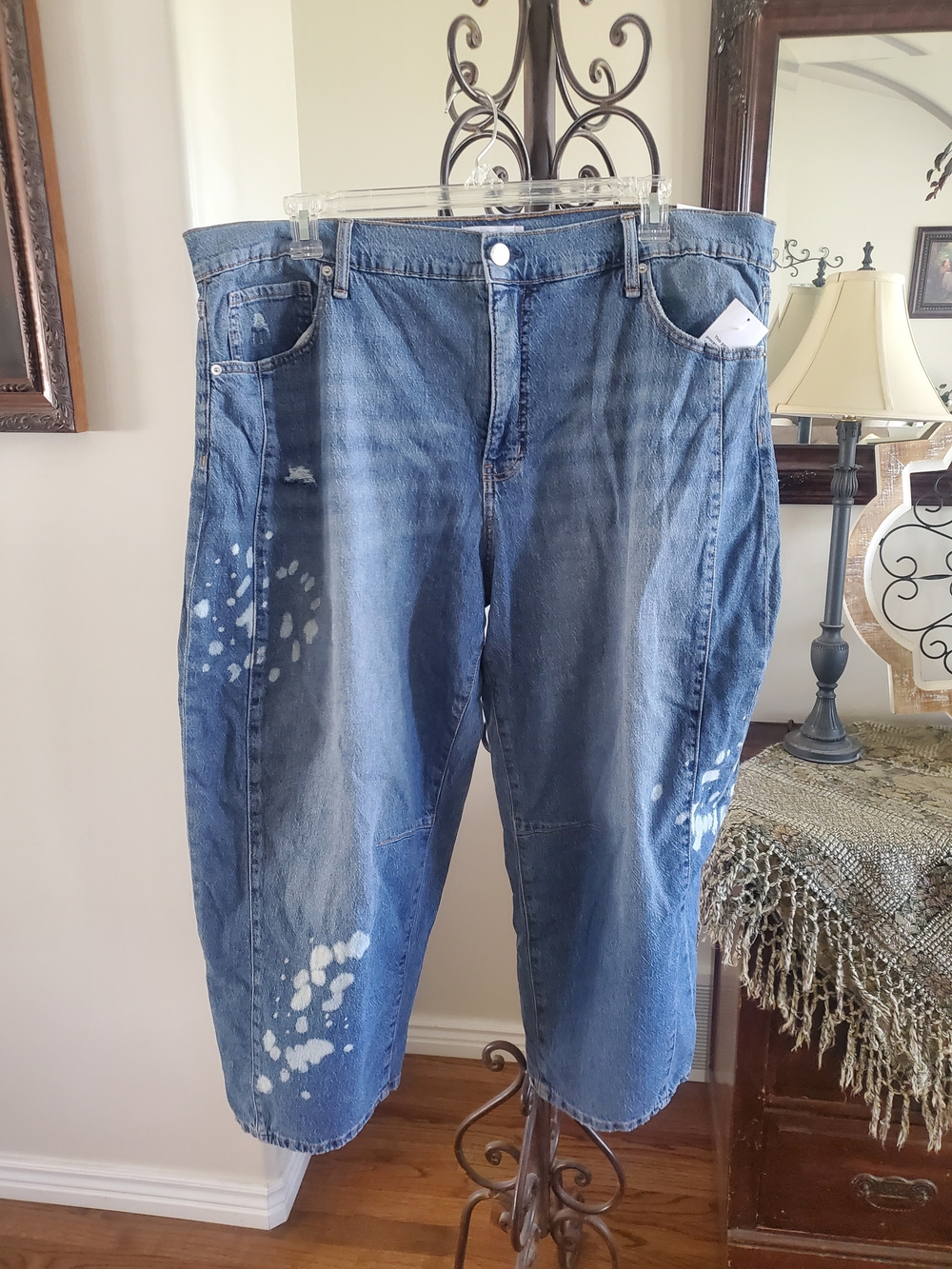 Women’s Blue Baggy Distressed Paint-Splatter Jeans Jessica Simpson Shorter Lengt